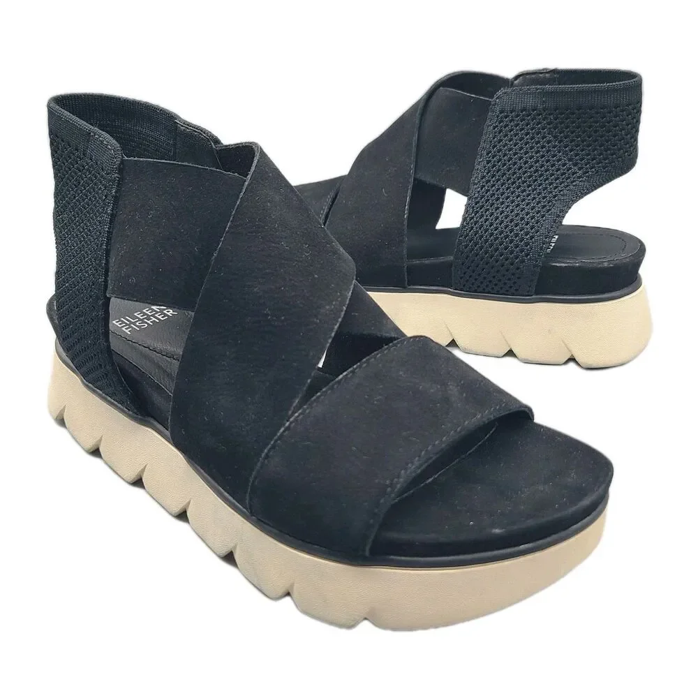 Eileen Fisher Chant  Black Leather/ Mesh Platform Wedge Sandal Sz 7.5 floor pair